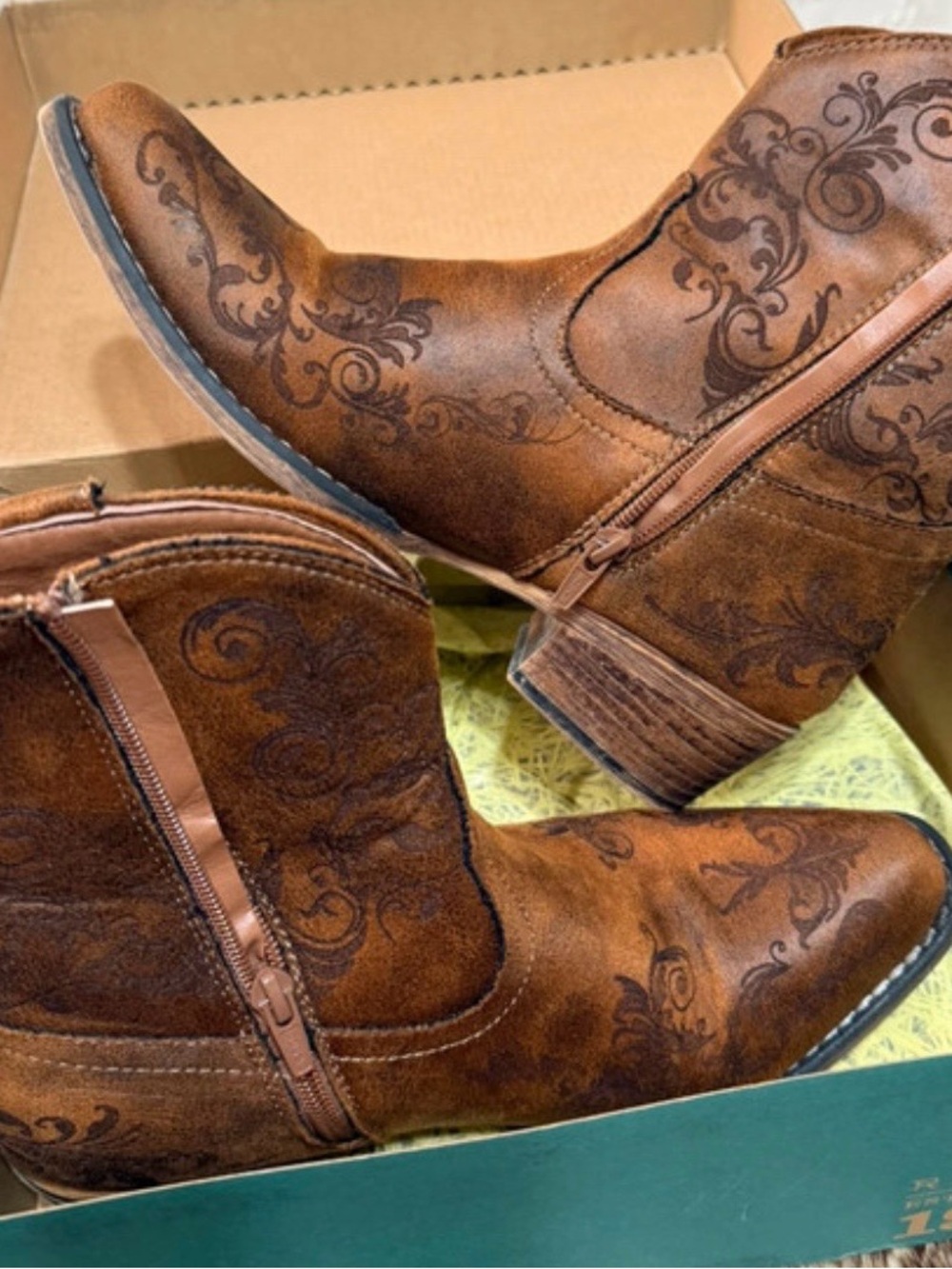 Roper Brown Embossed Western Zip-Ankle Boots